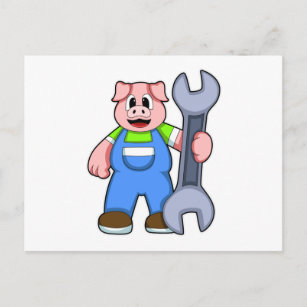 Schweinefleisch als Handwerker mit Wrench Postkarte
