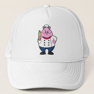 Schweinefleisch als Koch mit rollendem Button Truckerkappe