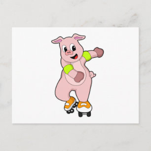 Schweinefleisch als Skater mit Inline-Skaten Postkarte