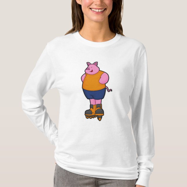Schweinefleisch als Skater mit Inline-Skaten T-Shirt (Vorderseite)