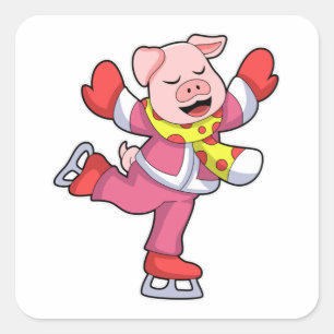 Schweinefleisch auf Ice-Skaten mit Ice-Skaten Quadratischer Aufkleber