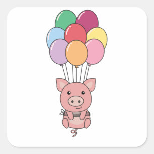 Schweinefleisch fliegt mit farbenfrohen Balloons a Quadratischer Aufkleber