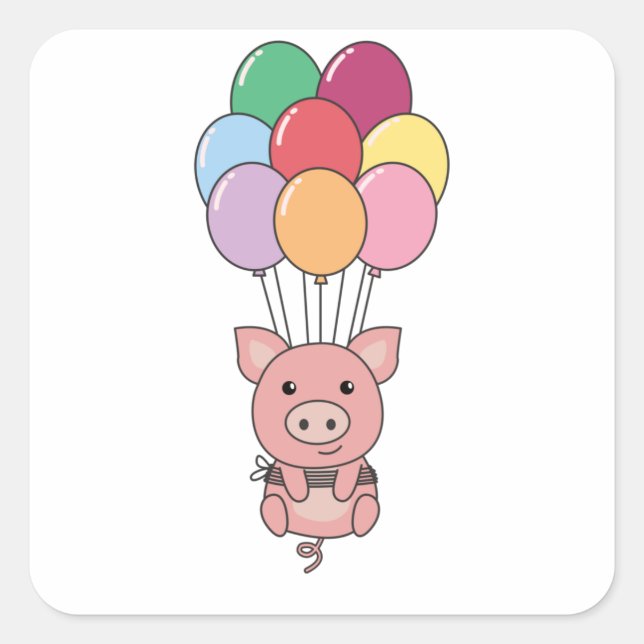Schweinefleisch fliegt mit farbenfrohen Balloons a Quadratischer Aufkleber (Vorderseite)