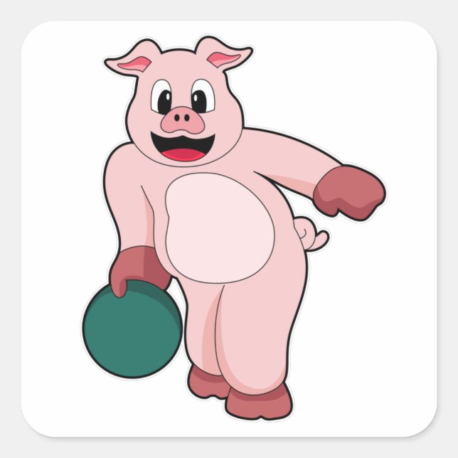 Schweinefleisch im Bowling mit Bowlingball Quadratischer Aufkleber (Vorderseite)