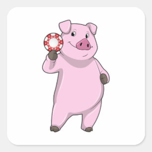 Schweinefleisch im Poker mit Poker-Chips Quadratischer Aufkleber