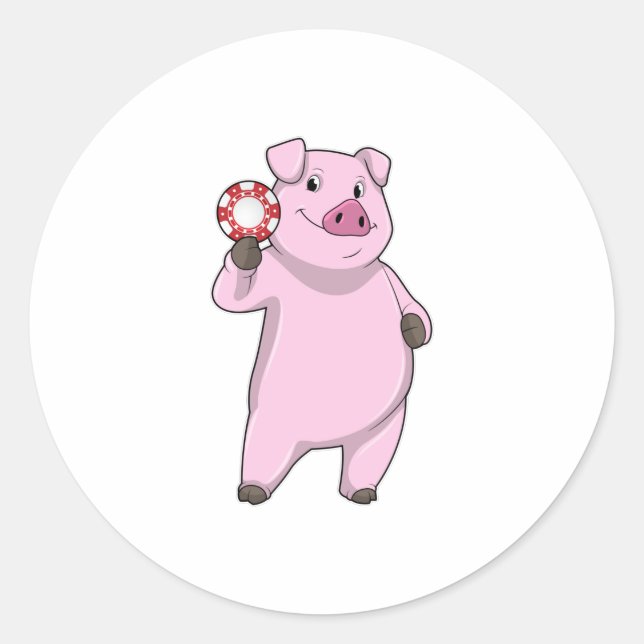 Schweinefleisch im Poker mit Poker-Chips Runder Aufkleber (Vorderseite)