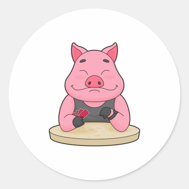 Schweinefleisch im Poker mit Poker-Karten Runder Aufkleber (Vorderseite)