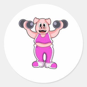 Schweinefleisch in Bodybuilding mit Dumbells Runder Aufkleber