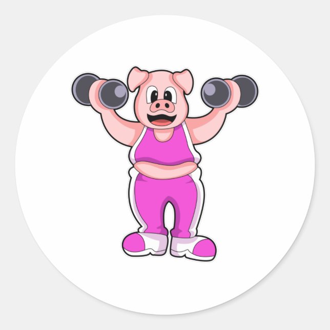 Schweinefleisch in Bodybuilding mit Dumbells Runder Aufkleber (Vorderseite)