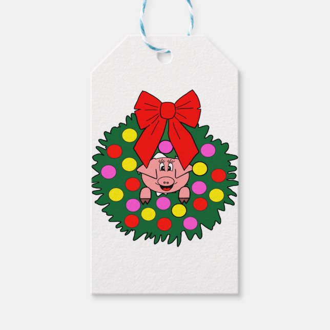 Schweinefleisch in Weihnachtskranz Geschenkanhänger (Vorderseite)