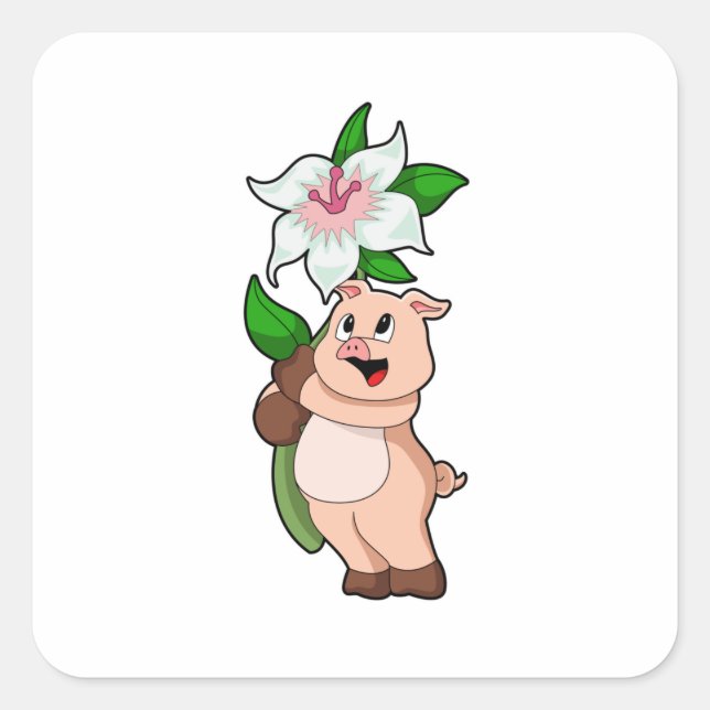 Schweinefleisch mit Blume Lilie Quadratischer Aufkleber (Vorderseite)