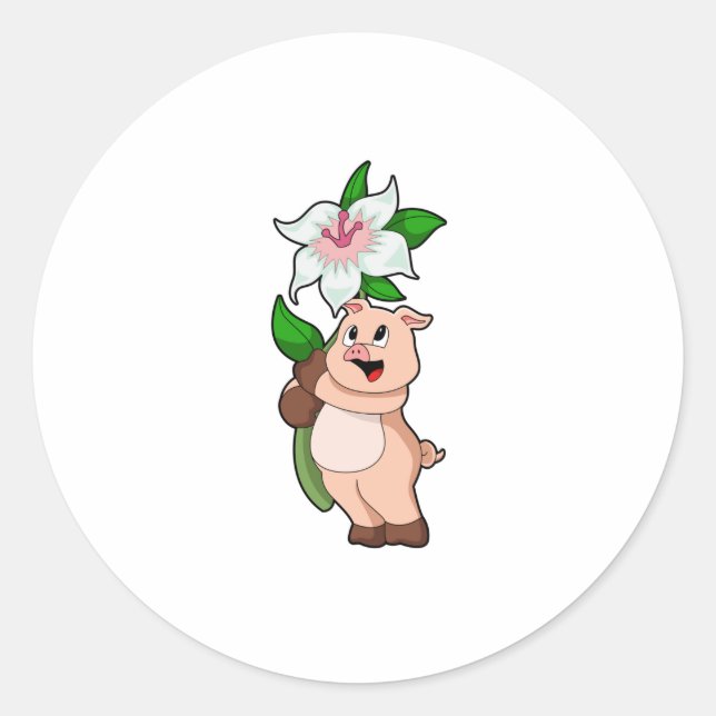 Schweinefleisch mit Blume Lilie Runder Aufkleber (Vorderseite)