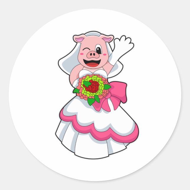 Schweinefleisch mit Hochzeitskleid & Blume Runder Aufkleber (Vorderseite)