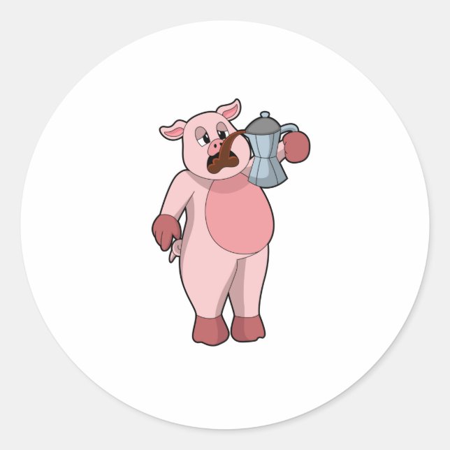 Schweinefleisch mit Kaffeekanne Runder Aufkleber (Vorderseite)
