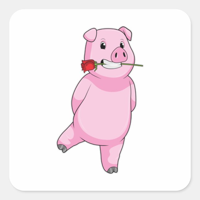 Schweinefleisch mit Rose Blume Quadratischer Aufkleber (Vorderseite)