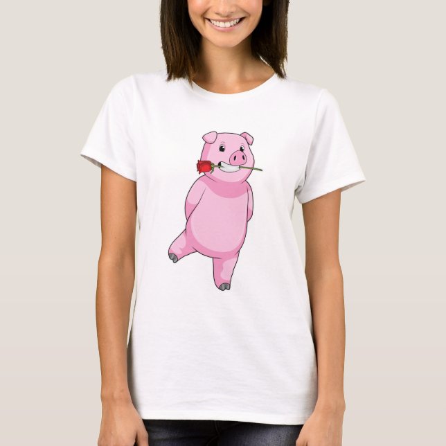 Schweinefleisch mit Rose Blume T-Shirt (Vorderseite)