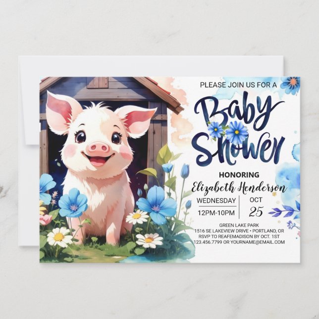Schweinefleisch und Wildblumen Farm Babydusche Einladung (Vorderseite)