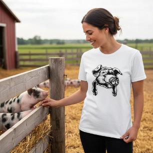 Schweinekopf Bauernhof Tier Zeichnung in Schwarzwe T-Shirt