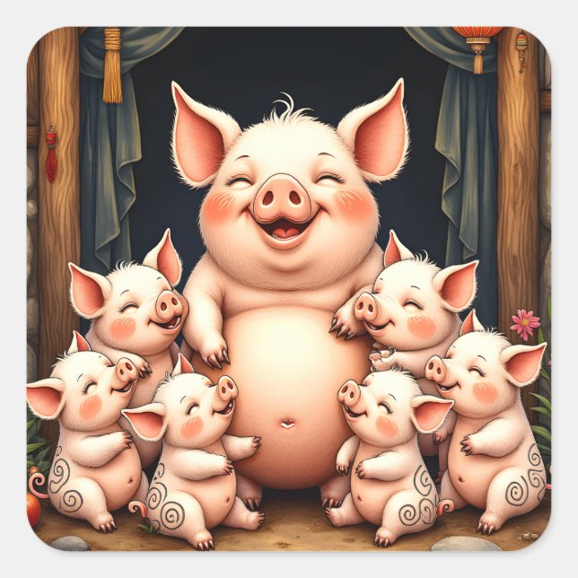 Schweinekunst – Mutter & Ferkel Quadratischer Aufkleber (Vorderseite)
