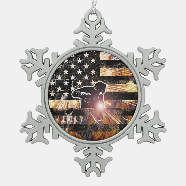Schweißzangen und Flammen Schneeflocken Zinn-Ornament (Vorderseite)