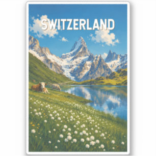 Schweiz Kühe Kuh Illustration Reise Kunst Retro Aufkleber