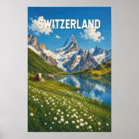 Schweiz Kühe Kuh Illustration Reise Kunst Retro
