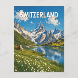 Schweiz Kühe Kuh Illustration Reise Kunst Retro Postkarte