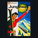 Schweiz Skifahren Vintage Travel Poster<br><div class="desc">Schweiz Skifahren Vintage Travel Poster. Ein altes Poster mit einer Frau aus der Jungfrau Region in der Schweiz,  die einen Ski mit einem Zug im Hintergrund durch die Schweizer Berge führt.</div>