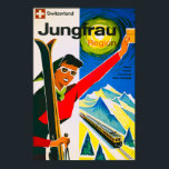 Schweiz Skifahren Vintage Travel Poster<br><div class="desc">Schweiz Skifahren Vintage Travel Poster. Ein altes Poster mit einer Frau aus der Jungfrau Region in der Schweiz,  die einen Ski mit einem Zug im Hintergrund durch die Schweizer Berge führt.</div>