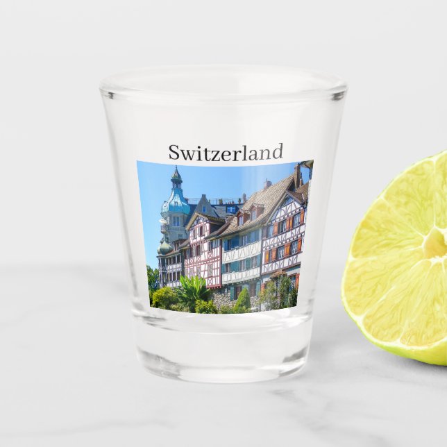 Schweiz Typische Häuser Souvenir Schnapsglas (Vorderseite)