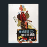 Schweiz Vintage Travel Poster Postkarte<br><div class="desc">Das restaurierte und digital verbesserte Reiseplakat zeigt einem Mädchen,  das einen Koffer trägt,  zu Fuß,  mit einem Zug,  einem See und Bergen im Hintergrund. Unvollkommenheiten beseitigt. Farben korrigiert. Bild mit freundlicher Genehmigung der Kongressbibliothek.</div>