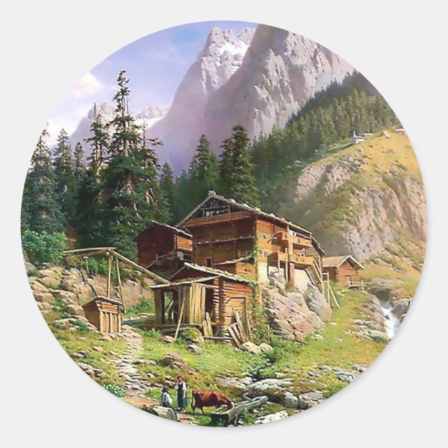 Schweizer Alpen Rundholzgemälde Runder Aufkleber (Vorderseite)