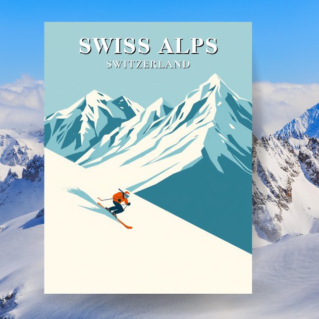 Schweizer Alpen Skifahren Postkarte (Swiss Alps Skiing Travel Postcard)