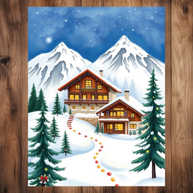 Schweizer Alpen Skihütte Winterwandern Postkarte (Swiss Alps Chalet Winter Mountain Travel Postcard
)