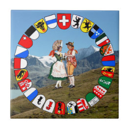 Schweizer Berge, Schweizer Kantone und Volkstänzer Fliese