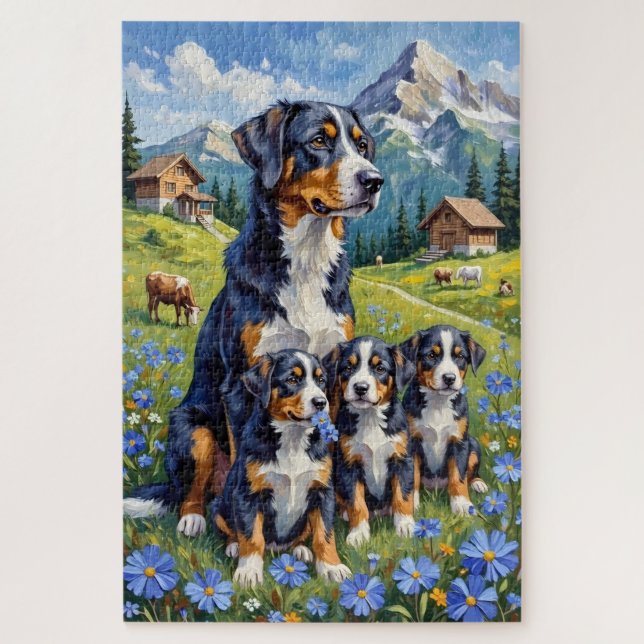 Schweizer Berghund Alpine Enzian Kunst (Vertikal)