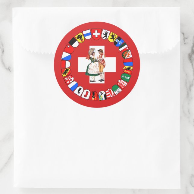 Schweizer Flagge, Kantone und Tänzer Runder Aufkleber (Tasche)