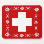 Schweizer Flagge und Edelweiß 2 Mousepad<br><div class="desc">Die Nationalflagge der Schweiz   einige stilisierte Edelweiß</div>