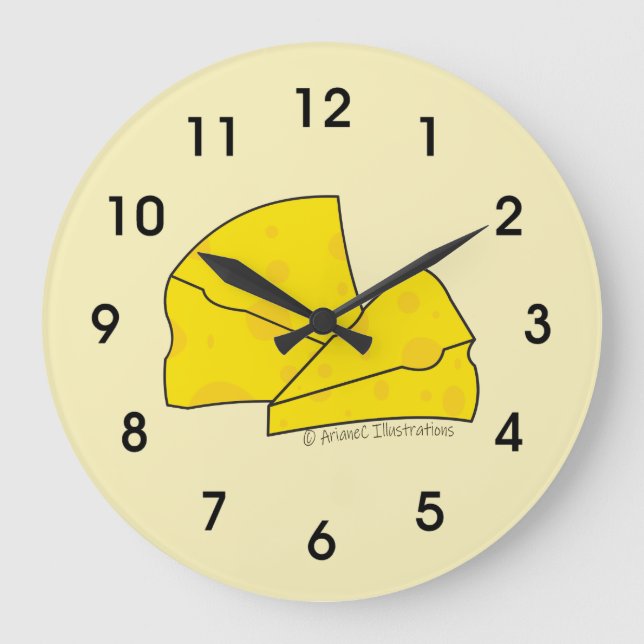 Schweizer Käse Doodle Gelbe Küchenschloss Große Wanduhr (Vorderseite)