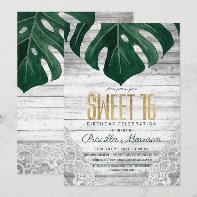 Schweizer Käse Leaf Weißholz Lace Gold Süße 16 Einladung (Vorne/Hinten)