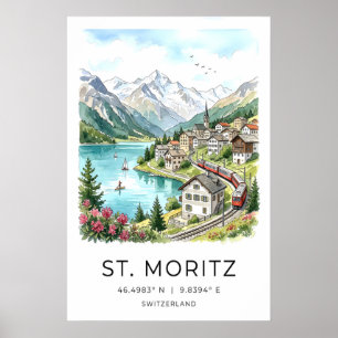 Schweizer Landschaften Kunst St Moritz Aquarell -  Poster