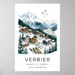 Schweizer Skidorfplakat, verschneite Chalets, Seil Poster