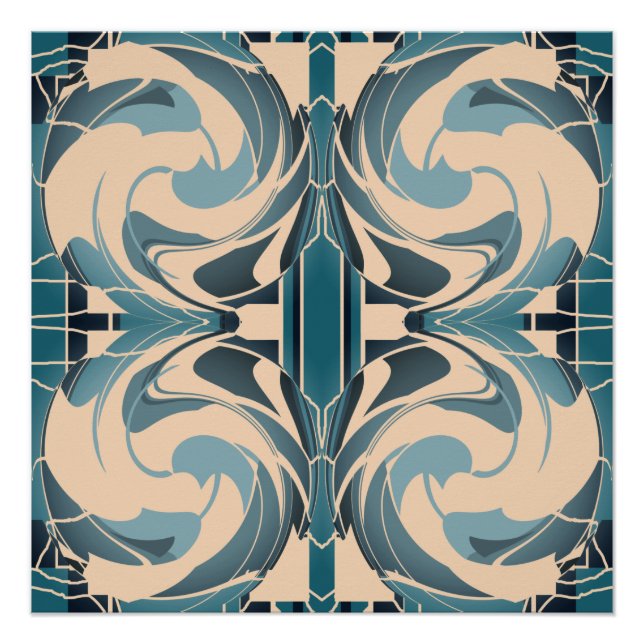 Schwenken Beige mit Meeresgrau Aquamarin Symmetris Poster (Vorderseite)
