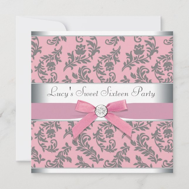 Schwenken Damask Pink und Gray Sweet 16 Party Einladung (Vorderseite)