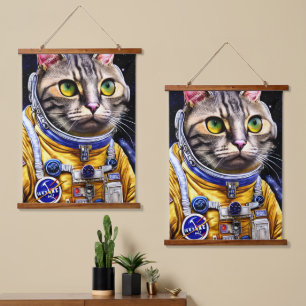 Schweres Astronautenkatzenwerk Wandteppich Mit Holzrahmen