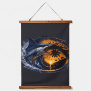 Schwertfisch-Sonnenuntergangs-Welle – Surrealistis Wandteppich Mit Holzrahmen