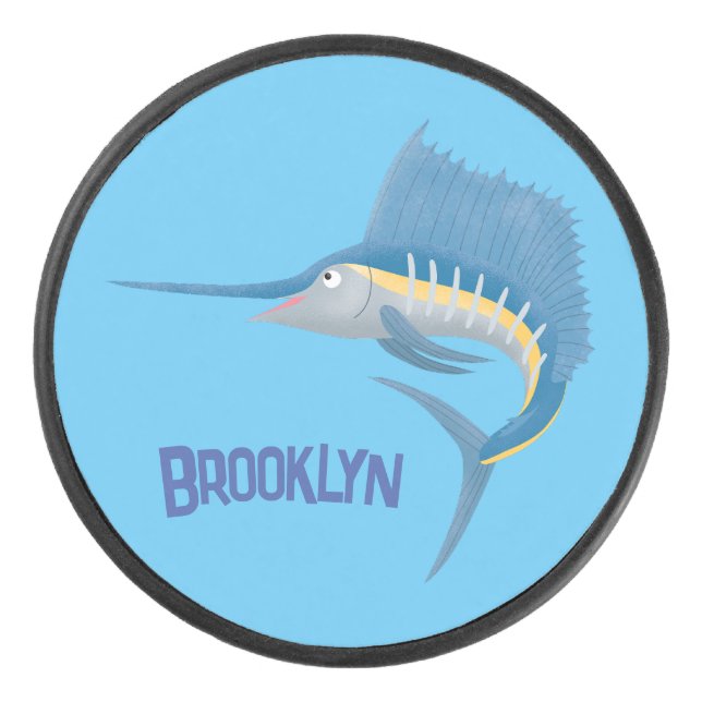 Schwertfischfisch Cartoon Illustration Eishockey Puck (Vorderseite)