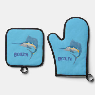 Schwertfischfisch Cartoon Illustration Ofenhandschuh & Topflappen-Set