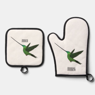 Schwertschnabelkolibri Cartoon-Illustration Ofenhandschuh & Topflappen-Set