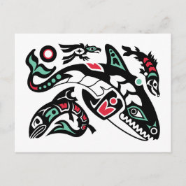 Schwertwal-Killerwal u. Lachse - HaidaFarbgrafik Postkarte